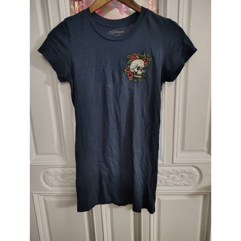 Ed Hardy Womens Shirt Blue Medium Slim Fit Stretch Casual Y2K NWOT